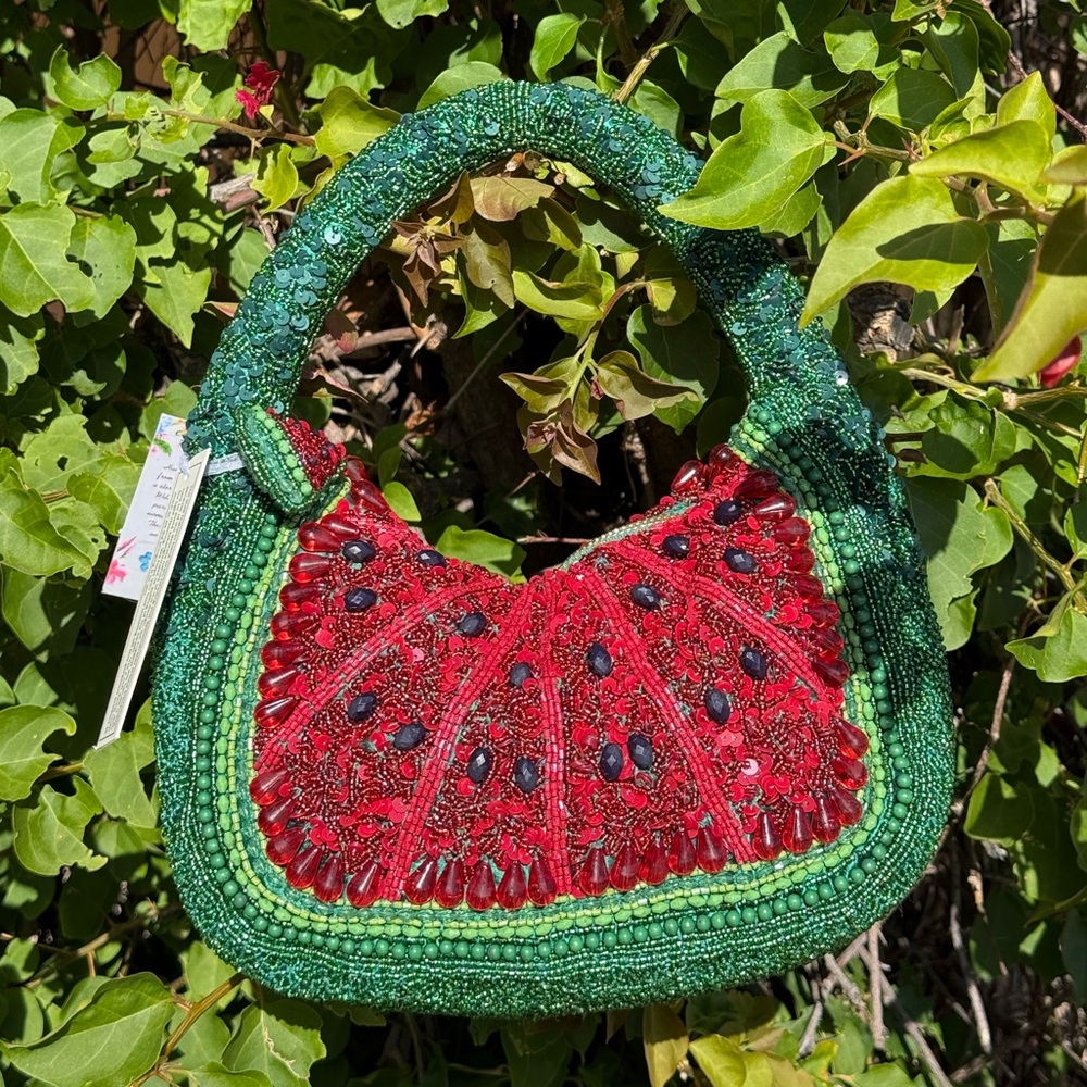 NWT Watermelon Slice Red Green Beaded Bag Made in India Handcrafted Brand New - Picture 2 of 3